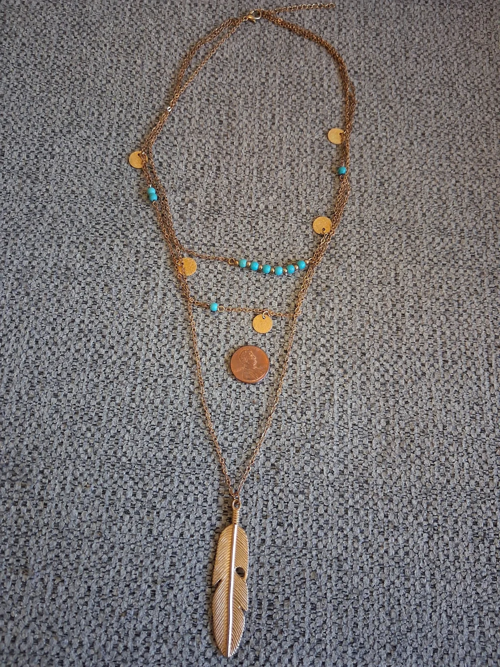 Layered Gold Feather Pendant Necklace with Turquoise Beads - Women Jewelry